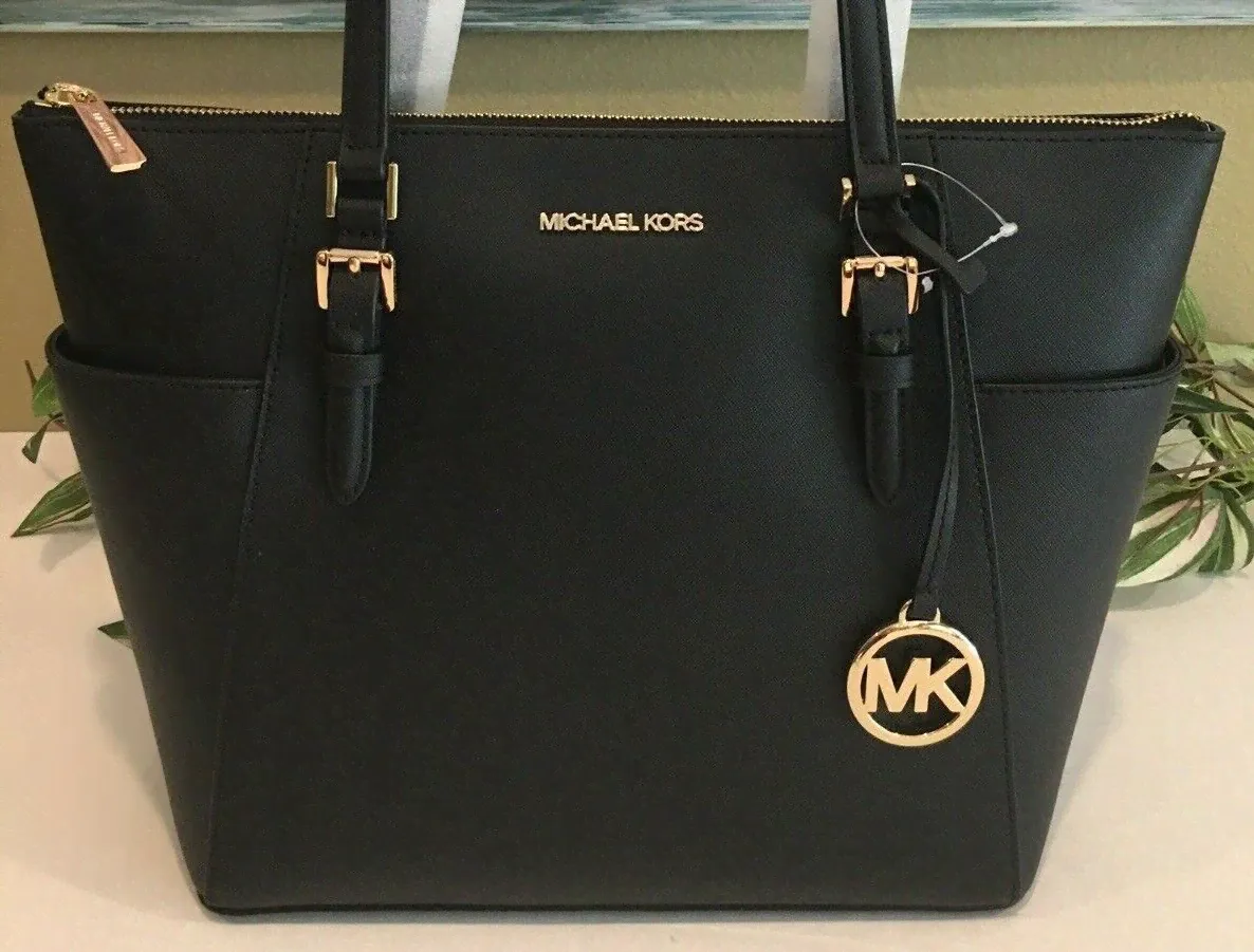 MICHAEL KORS CHARLOTTE CIARA LARGE ZIP TOTE SHOULDER BAG MK BLACK LEATHER GOLD-0