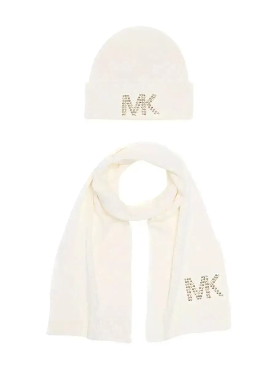 Сет Michael Kors шапка и шарф светло-бежевый с золотым лого стразами Michael Kors ACCESS Dome Studded Muffler Beanie Set Black Retail 539219C-0